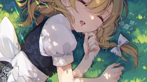 Anime Girls Touhou Portrait Display Kirisame Marisa Hat Bow Tie Grass Lying On Side Closed Eyes Slee 1080x1440 Wallpaper