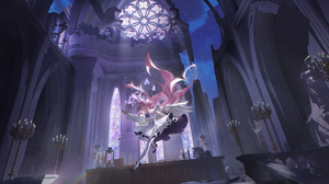 Anime Anime Girls Blue Archive Misono Mika Long Hair Pink Hair Closed Eyes Falling Heels Cathedral S 3500x1710 Wallpaper