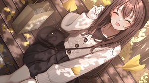 Anime Anime Girls Sitting Closed Eyes Sunlight Brunette Purse Shopping Bags Hat Sweater Fall Blushin 3000x2124 wallpaper
