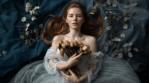 Aleksandr Kurennoi Women Redhead Freckles Dress Flowers Veils Top View Brides 2048x1366 wallpaper