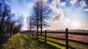 Outdoors Field Fence Trees Clouds Landscape Fall 3840x2160 Wallpaper