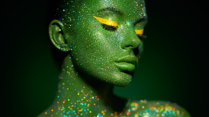 Oleg Gekman Women Simple Background Face Paint Glitter Glamour Green Green Background Portrait Body  2048x1536 wallpaper
