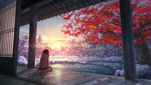 Anime Girls Snow Sitting Sunlight Sunset Sunset Glow Trees Water Winter Leaves Scarf Digital Art 4096x2304 Wallpaper