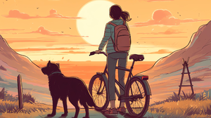 Dog Bicycle Backpacks Sunset Digital Art Sun Sunset Glow Clouds Sky Ponytail Animals Grass 2048x1880 Wallpaper