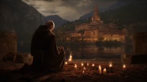 Prayer Lake Monastery Candles Lights Water Reflection Sky Clouds Building 1920x1080 Wallpaper
