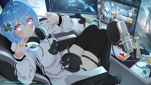 Anime Anime Girls Headphones Cats Animals Computer Peace Sign Blue Hair Pink Eyes 3500x1994 Wallpaper