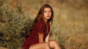 Sergey Sorokin Women Brunette Long Hair Looking Away Red Clothing Barefoot Sunlight Nature Plants Mo 2333x3500 Wallpaper