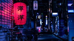 Lantern Japan Night City Street Neon Neon Lights Bicycle 6000x4000 Wallpaper
