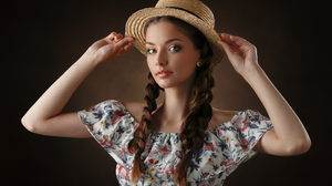 Ivan Kovalyov Women Hat Straw Hat Braids Brunette Long Hair Makeup Looking At Viewer Smiling Dress F 2560x1707 Wallpaper