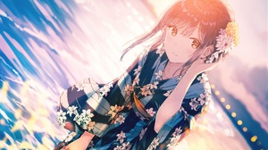 Anime Girls Hiten Original Characters Water Brunette Orange Eyes Sunset Sunset Glow Kimono Yukata Fl 2000x1414 Wallpaper