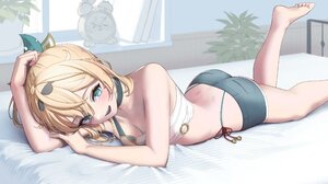 Virtual Youtuber Hololive Kazama Iroha Blonde Bed Looking At Viewer Lying On Front Blue Eyes Feet Fo 2508x1417 Wallpaper