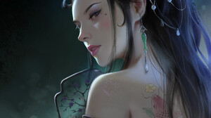 Wang Xiao Digital Art Artwork Illustration Women Portrait Dark Hair Long Hair Looking Back Asian Bar 1920x2560 Wallpaper