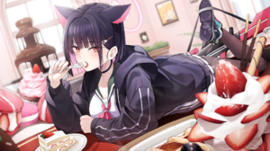 Anime Anime Girls Blue Archive Cat Ears Kyouyama Kazusa Fork Cake Looking At Viewer Choker Sweets St 2143x1286 Wallpaper