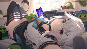 Anime Anime Girls Veibae Pepe Meme Lying On Back Looking At Viewer Bow Tie Phone Tail Smiling Choker 1334x889 Wallpaper