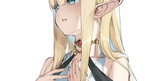 Elves Anime Girls Blonde White Background Necklace Blue Eyes Pointy Ears Aqua Eyes Blunt Bangs Long  2560x3259 Wallpaper