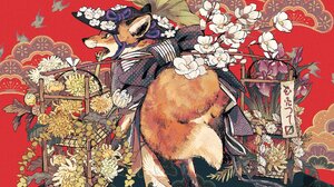 Digital Art Fox Animals Flowers Bow Tie Hat Japanese 2048x1382 Wallpaper