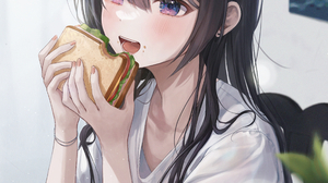 Anime Anime Girls Sandwich Eating Coffee T Shirt Artwork Myowa 2643x4205 Wallpaper