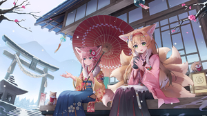 Anime Anime Girls Umbrella Fox Girl Fox Ears Fox Tail Torii Mountains Snow Looking At Viewer Blonde  3508x1977 Wallpaper
