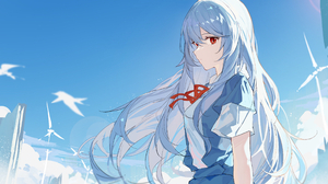 Neon Genesis Evangelion Ayanami Rei Anime Girls Long Hair Clouds Windmill Looking At Viewer Schoolgi 2659x1691 Wallpaper