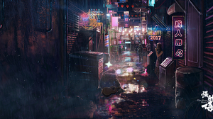 Cyberpunk Street Neon Smoking City Lights City Alleyway Japanese Rain Night 6000x3028 Wallpaper
