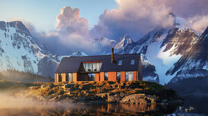 Norway Europe Digital Art Artwork Nature Landscape Mountains Snow Lake House Reflection Moon CGi 2800x3280 Wallpaper