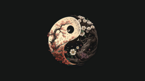 Nature Flowers Cherry Blossom Yin And Yang Trees Simple Background Black Background Minimalism Logo  5120x1440 Wallpaper