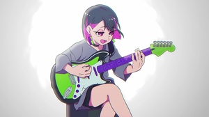 Anime Girls Musician Legs Crossed Minimalism Two Tone Hair Guitar Musical Instrument White Backgroun 7680x4320 Wallpaper