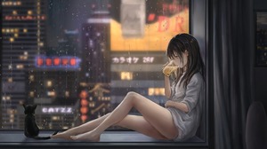 Window Sill Building Drink Rain Barefoot Cats Anime Girls Artwork Catzz 7680x4800 Wallpaper