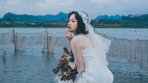 Qin Xiaoqiang Women Asian Dark Hair Wedding Dress Flowers Makeup Water 2048x1320 Wallpaper