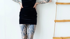 Inked Girls Tattoo Portrait Display Women Model Women Indoors Sneakers Black Dress Bare Shoulders Lo 1640x2460 Wallpaper