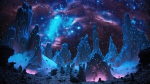 Ai Art Illustration Surreal Nebula Space Stars Blue Rock Formation Planet Science Fiction Psychedeli 4579x2616 Wallpaper