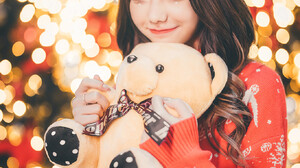 Asian Women Model Plush Toy Teddy Bears Smiling Looking At Viewer Sweater Red Sweater Brunette Dark  1363x2048 Wallpaper