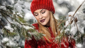 Model Women Long Hair Hair Red Cap Wool Cap Red Sweater Snow Winter Closed Eyes 900x1400 wallpaper