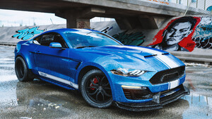 Shelby Car Vehicle CGi ArtStation Render Digital Art Blue Cars Wet Asphalt 2800x1911 Wallpaper