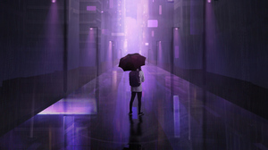 Animated Character Minimalism Artwork Digital Art Digital Rainydays Rain Night Purple Background Fan 7680x4320 Wallpaper