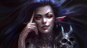 Elves Vampires Women Red Eyes Pointy Ears Tattoo Skull Horns Dark Blue Hair Creature Fantasy Art Fan 2000x1416 wallpaper