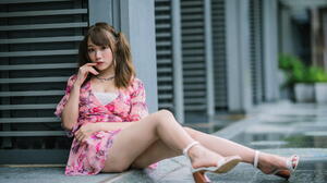 Asian Model Women Long Hair Dark Hair Sitting Leaning Barefoot Sandal Necklace Flower Dress Twintail 1920x1280 Wallpaper