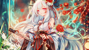 Anime Anime Girls Sword Long Hair Flowers Flower In Hair Looking At Viewer Weapon 3508x2480 Wallpaper