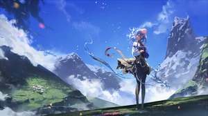 Anime Anime Girls Haiyi Clouds Mountains Blue Hair Thigh Highs Grass Clear Sky Snow 2799x1575 Wallpaper