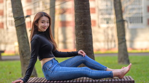 Asian Model Women Long Hair Dark Hair Sitting 2250x1500 Wallpaper