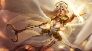 Angel Warrior Girl Staff White Hair Wings Woman 5365x2924 Wallpaper