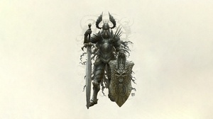 Simple Background White Background Knight Sword Shield Skull Armored Fantasy Art Artwork Kerem Beyit 2500x1280 wallpaper