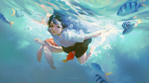 Women Short Hair Swimming Underwater Fish Turtle Digital Art In Water 1600x900 Wallpaper