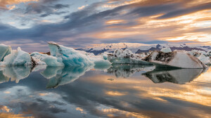 Jokulsarlon Iceberg Reflection Landscape Nature Sunset Iceland Lagoon Water 7329x3760 Wallpaper