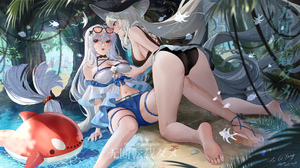 Anime Anime Girls Fish Feet Foot Sole Water Long Hair Hat Sunglasses Trees Seashore Leaves 1920x1080 Wallpaper