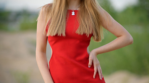 W Darius Women Blonde Long Hair Straight Hair Red Clothing Dress Necklace Depth Of Field 2799x3500 Wallpaper
