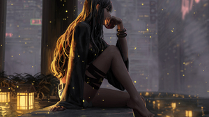 GUWEiZ Women Fictional Character Digital Painting Ledge Bent Legs Sitting Long Hair Artwork Digital  1800x1125 Wallpaper