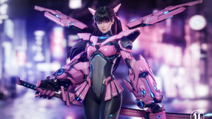 JiaNan CGi Women Cyberpunk Black Clothing Dark Hair Pink Wings Weapon Fantasy Girl 1920x1299 Wallpaper