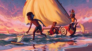 Victor Sales Digital Art Fantasy Art ArtStation Clouds Children Boat Sailing Ship Beach Waves Dark S 1920x1164 Wallpaper