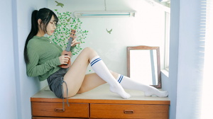 Asian Model Women Long Hair Dark Hair Knee High Socks Vicky Asian Model Sitting Ponytail Bent Legs 1920x1280 Wallpaper